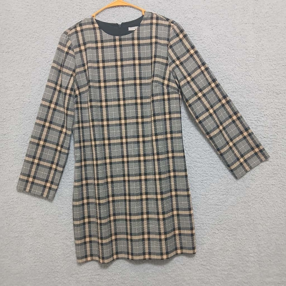 H&M Mod Plaid Long Sleeve Mini Shift Dress Size M Academia Old Money Neutral‎